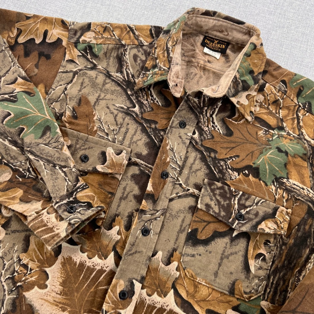VTG 90s Melton Deerskin Camo Chamois Shirt Men XL Oak Leaf Hunting USA‎ Gorpcore